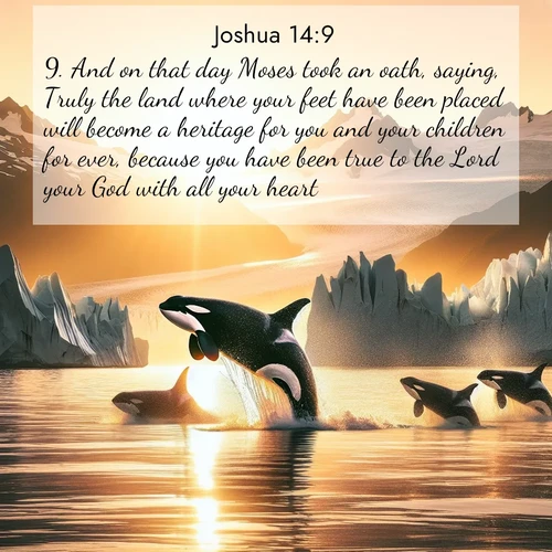 BBE Joshua 14:9 overlaying nature image scene: Wild orcas breach in sunset-painted waters. Their splashes echo off glacier walls.;9. And on that day Moses took an oath, saying, Truly the land where your feet have been placed will become a heritage for you and your children for ever, because you have been true to the Lord your God with all your heart.