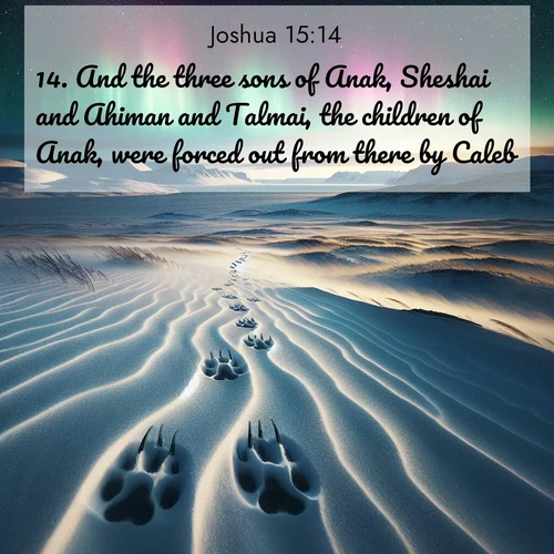 BasicEnglish Joshua  ; image nature: image with the bible verse :And the three sons of Anak, Sheshai and Ahiman and Talmai, the children of Anak, were forced out from there by Caleb. ; Discover Bible images illustrated by desert landscapes, like sand dunes, majestic rocks, and starry skies. These images symbolize the grandeur and immensity of God&#039;s creation. Download verses like KJV Joshua 15:14. Current verse is overlayed with the thematic nature scene : Arctic fox tracks cross windswept tundra. Northern lights pulse overhead in cosmic rhythm. ; 15:14