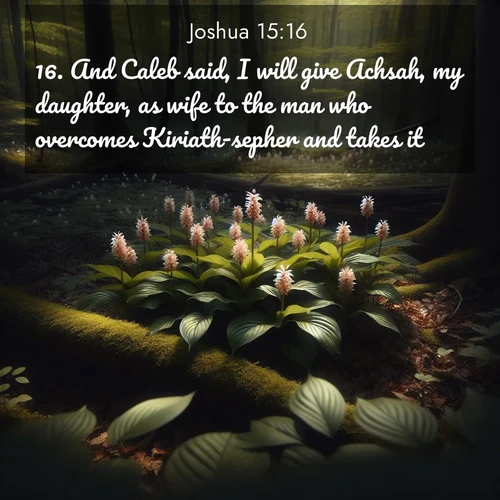 BasicEnglish Joshua  ; image nature: image with the bible verse :And Caleb said, I will give Achsah, my daughter, as wife to the man who overcomes Kiriath-sepher and takes it. ; Dive into our collection of Bible verses paired with breathtaking desert landscapes, featuring infinite dunes, shaded oases, and desert sunsets. These images highlight the majestic grandeur of God&#039;s creation. Download and share verses like KJV Joshua 15:16. Current verse is overlayed with the thematic nature scene : Wild ginger blooms hidden in forest shadows. Filtered sunlight reveals their secret beauty. ; 15:16