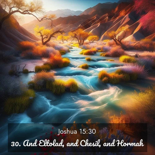 BBE Joshua 15:30 overlaying nature image scene: Spring floods transform desert arroyos into rushing streams.;30. And Eltolad, and Chesil, and Hormah;