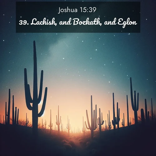 BBE Joshua 15:39 overlaying nature image scene: Desert stars shine brilliantly above towering saguaro silhouettes.;39. Lachish, and Bozkath, and Eglon;