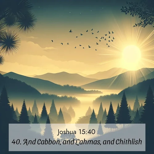 BBE Joshua 15:40 overlaying nature image scene: Morning mist reveals hidden valleys. Birdsong heralds the dawn.;40. And Cabbon, and Lahmas, and Chithlish;