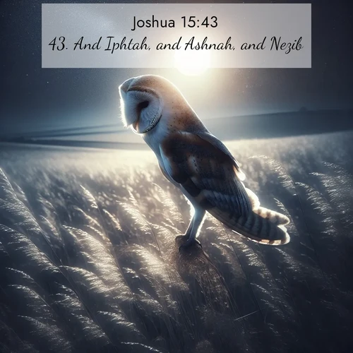 BasicEnglish Joshua  ; image nature: image with the bible verse :And Iphtah, and Ashnah, and Nezib; ; Admire Bible verse images illustrated by summer photos, such as sunny beaches, sparkling waves, and swaying palm trees. These bright scenes highlight the joy and warmth of God&#039;s creation. Download and share verses like KJV Joshua 15:43. Current verse is overlayed with the thematic nature scene : A barn owl quarters silent fields. Moonlight turns meadow grass to silver. ; 15:43