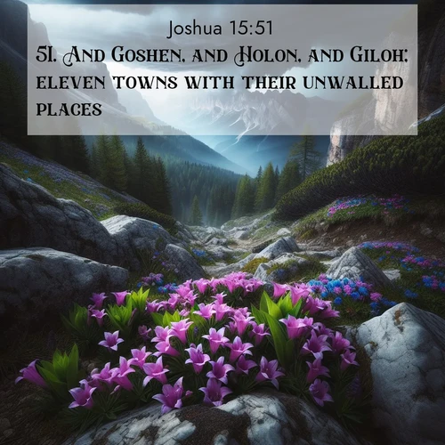 BBE Joshua 15:51 overlaying nature image scene: Alpine gentians bloom in rocky crevices. Summer storms gather above treeline.;51. And Goshen, and Holon, and Giloh; eleven towns with their unwalled places.
