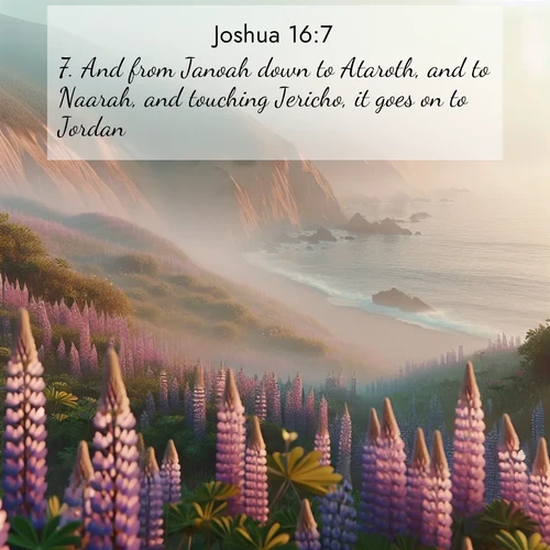 BBE Joshua 16:7 overlaying nature image scene: Wild lupines carpet coastal bluffs. Pacific fog rolls in like smoke.;7. And from Janoah down to Ataroth, and to Naarah, and touching Jericho, it goes on to Jordan.