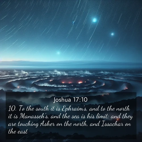 BasicEnglish Joshua  ; image nature: image with the bible verse :To the south it is Ephraim&#039;s, and to the north it is Manasseh&#039;s, and the sea is his limit; and they are touching Asher on the north, and Issachar on the east. ; Explore an exceptional collection of Bible verse images accompanied by photos of nature, showcasing snowy mountains, serene forests, and still lakes. These images feature luminous tones and varied fonts to bring serenity and inspiration. Share uplifting verses like KJV Joshua 17:10. Current verse is overlayed with the thematic nature scene : Volcanic steam rises through a field of black lava. Stars wheel overhead in the thin air. ; 17:10