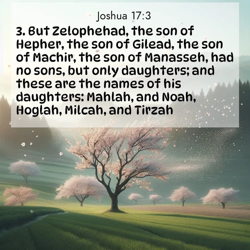BasicEnglish Joshua  ; image nature: image with the bible verse :But Zelophehad, the son of Hepher, the son of Gilead, the son of Machir, the son of Manasseh, had no sons, but only daughters; and these are the names of his daughters: Mahlah, and Noah, Hoglah, Milcah, and Tirzah. ; Explore free Bible verse images with stunning nature themes, including sunlit paths, forest clearings, and endless horizons. Perfect for desktop backgrounds or phone wallpapers. Verses include KJV Joshua 17:3. Current verse is overlayed with the thematic nature scene : Spring winds scatter cherry blossoms like snow. ; 17:3
