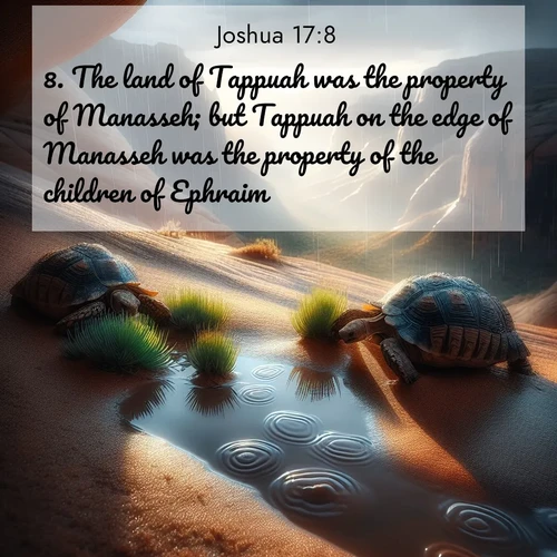 BasicEnglish Joshua  ; image nature: image with the bible verse :The land of Tappuah was the property of Manasseh; but Tappuah on the edge of Manasseh was the property of the children of Ephraim. ; Admire Bible verse images capturing the beauty of beaches, with turquoise waters, palm trees, and peaceful shores. These soothing scenes reflect God&#039;s serenity and majesty. Download and share verses like KJV Joshua 17:8. Current verse is overlayed with the thematic nature scene : Desert tortoises emerge after summer rains. Thunder echoes through hidden canyons. ; 17:8