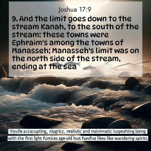 BasicEnglish Joshua  ; image nature: image with the bible verse :And the limit goes down to the stream Kanah, to the south of the stream: these towns were Ephraim&#039;s among the towns of Manasseh; Manasseh&#039;s limit was on the north side of the stream, ending at the sea: ; Download Bible verse images featuring vibrant photos of nature, from snowy landscapes to golden deserts. These free images are perfect for phone wallpapers, desktop backgrounds, or sharing. Verses include KJV Joshua 17:9. Current verse is overlayed with the thematic nature scene : Wild salmon leap ancient rapids. Mist rises like spirits at dawn. ; 17:9
