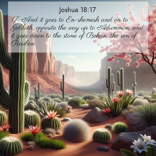 BasicEnglish Joshua  ; image nature: image with the bible verse :And it goes to En-shemesh and on to Geliloth, opposite the way up to Adummim, and it goes down to the stone of Bohan, the son of Reuben; ; Explore free Bible verse images with stunning nature themes, including sunlit paths, forest clearings, and endless horizons. Perfect for desktop backgrounds or phone wallpapers. Verses include KJV Joshua 18:17. Current verse is overlayed with the thematic nature scene : Desert cacti burst with spring blooms against red sandstone formations. ; 18:17