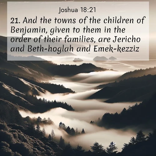 BasicEnglish Joshua  ; image nature: image with the bible verse :And the towns of the children of Benjamin, given to them in the order of their families, are Jericho and Beth-hoglah and Emek-kezziz ; Dive into our collection of Bible verses paired with coastal scenes, featuring calming waves, infinite beaches, and reflections of the sun on the water. These images evoke the peace and beauty of God. Share verses like KJV Joshua 18:21. Current verse is overlayed with the thematic nature scene : Coastal fog rolls inland through gaps in seaside hills. ; 18:21