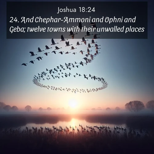 BasicEnglish Joshua  ; image nature: image with the bible verse :And Chephar-Ammoni and Ophni and Geba; twelve towns with their unwalled places; ; Browse our selection of stunning Bible verse images featuring unique natural scenes like fiery autumn forests, serene meadows, and starlit skies. Download and share verses like KJV Joshua 18:24 for free. Current verse is overlayed with the thematic nature scene : Wild geese arrow through dawn sky. Their calls wake sleeping marshes. ; 18:24