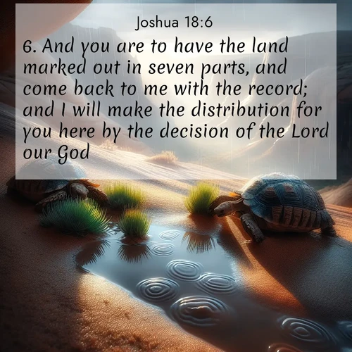BasicEnglish Joshua  ; image nature: image with the bible verse :And you are to have the land marked out in seven parts, and come back to me with the record; and I will make the distribution for you here by the decision of the Lord our God. ; Admire Bible verse images capturing the beauty of beaches, with turquoise waters, palm trees, and peaceful shores. These soothing scenes reflect God&#039;s serenity and majesty. Download and share verses like KJV Joshua 18:6. Current verse is overlayed with the thematic nature scene : Desert tortoises emerge after summer rains. Thunder echoes through hidden canyons. ; 18:6