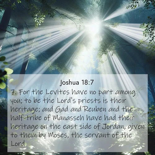 BasicEnglish Joshua  ; image nature: image with the bible verse :For the Levites have no part among you; to be the Lord&#039;s priests is their heritage; and Gad and Reuben and the half-tribe of Manasseh have had their heritage on the east side of Jordan, given to them by Moses, the servant of the Lord. ; Browse a large collection of Bible verse images with photos showcasing the splendor of nature. Scenes of peaceful rivers, verdant valleys, and radiant skies enhance the inspiring verses. Each image reflects the serenity and joy of God&#039;s creation, with elegant text fonts. Download and share verses such as KJV Joshua 18:7. Current verse is overlayed with the thematic nature scene : Summer light filters through forest canopy like stained glass. ; 18:7