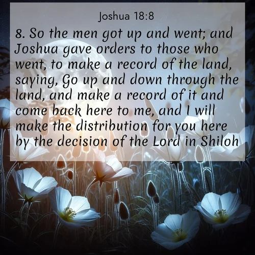 BasicEnglish Joshua  ; image nature: image with the bible verse :So the men got up and went; and Joshua gave orders to those who went, to make a record of the land, saying, Go up and down through the land, and make a record of it and come back here to me, and I will make the distribution for you here by the decision of the Lord in Shiloh. ; Discover Bible verse images capturing the warmth of summer, with beach landscapes, sunlit fields, and clear skies. These bright scenes reflect divine joy. Share verses like KJV Joshua 18:8. Current verse is overlayed with the thematic nature scene : Moonflowers open to the rising full moon. Night insects hum in harmony. ; 18:8