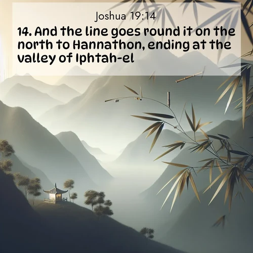 BBE Joshua 19:14 overlaying nature image scene: Bamboo leaves whisper secrets in mountain wind. A temple bell rings in the distance.;14. And the line goes round it on the north to Hannathon, ending at the valley of Iphtah-el;