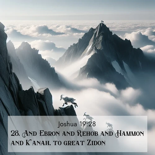 BasicEnglish Joshua  ; image nature: image with the bible verse :And Ebron and Rehob and Hammon and Kanah, to great Zidon; ; Explore our vast collection of images featuring beautifully illustrated Bible verses accompanied by nature photos. Discover inspiring and motivating verses paired with soothing landscapes, like shimmering lakes, majestic mountains, and lush forests. Our images highlight the peaceful beauty of God&#039;s creation with vibrant colors and varied fonts. Download and share verse images like KJV Joshua 19:28. Current verse is overlayed with the thematic nature scene : Mountain goats navigate impossible peaks. Clouds swirl beneath their sure feet. ; 19:28