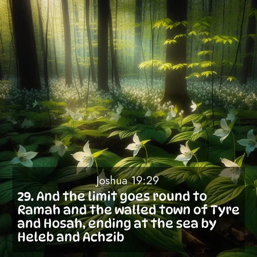 BasicEnglish Joshua  ; image nature: image with the bible verse :And the limit goes round to Ramah and the walled town of Tyre and Hosah, ending at the sea by Heleb and Achzib; ; Browse our selection of stunning Bible verse images featuring unique natural scenes like fiery autumn forests, serene meadows, and starlit skies. Download and share verses like KJV Joshua 19:29 for free. Current verse is overlayed with the thematic nature scene : Wild trillium carpets the forest floor. Sunlight filters green through new spring leaves. ; 19:29