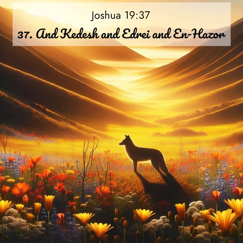 BasicEnglish Joshua  ; image nature: image with the bible verse :And Kedesh and Edrei and En-Hazor ; Browse an inspiring gallery of Bible verse images with nature photos, such as blooming gardens, golden deserts, and shaded forests. The chosen images capture the peaceful and joyful essence of God&#039;s creation, with vibrant colors and harmonious fonts. Share verses like KJV Joshua 19:37. Current verse is overlayed with the thematic nature scene : Spring wildflowers carpet Death Valley in gold. A coyote&#039;s silhouette melts into the blooms. ; 19:37