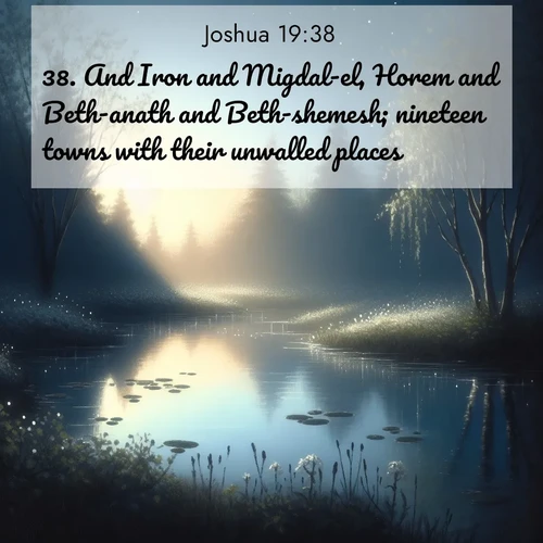 BasicEnglish Joshua  ; image nature: image with the bible verse :And Iron and Migdal-el, Horem and Beth-anath and Beth-shemesh; nineteen towns with their unwalled places. ; Explore Bible verse images highlighting the beauty of spring, with vibrant flowers, butterflies, and blossoming fruit trees. These scenes evoke divine hope and renewal. Download inspiring verses like KJV Joshua 19:38. Current verse is overlayed with the thematic nature scene : Spring peepers call from a pond reflecting the first evening stars. ; 19:38