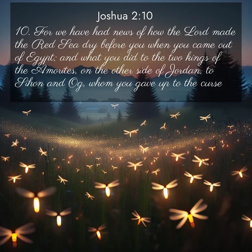 BasicEnglish Joshua  ; image nature: image with the bible verse :For we have had news of how the Lord made the Red Sea dry before you when you came out of Egypt; and what you did to the two kings of the Amorites, on the other side of Jordan, to Sihon and Og, whom you gave up to the curse. ; Browse beautiful Bible verse images accompanied by peaceful scenes like calm seas, ancient forests, and radiant horizons. Download high-quality, free images featuring verses such as KJV Joshua 2:10. Current verse is overlayed with the thematic nature scene : Lightning bugs rise from summer meadows at dusk. Their lights dance like earthbound stars. ; 2:10