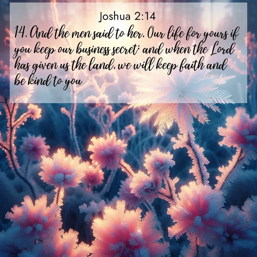 BasicEnglish Joshua  ; image nature: image with the bible verse :And the men said to her, Our life for yours if you keep our business secret; and when the Lord has given us the land, we will keep faith and be kind to you. ; Access a vast collection of Bible verse images illustrated with natural landscapes like calm rivers, blooming fields, and bright horizons. These images emphasize the serenity and splendor of God&#039;s creation, accompanied by aesthetic fonts and joyful colors. Download verses like KJV Joshua 2:14 and share them. Current verse is overlayed with the thematic nature scene : Morning light reveals frost flowers. Rainbow crystals bloom on bare branches. ; 2:14
