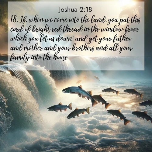 BasicEnglish Joshua  ; image nature: image with the bible verse :If, when we come into the land, you put this cord of bright red thread in the window from which you let us down; and get your father and mother and your brothers and all your family into the house; ; Explore our vast collection of images featuring beautifully illustrated Bible verses accompanied by nature photos. Discover inspiring and motivating verses paired with soothing landscapes, like shimmering lakes, majestic mountains, and lush forests. Our images highlight the peaceful beauty of God&#039;s creation with vibrant colors and varied fonts. Download and share verse images like KJV Joshua 2:18. Current verse is overlayed with the thematic nature scene : Wild salmon leap ancient waterfalls. Mist rises like spirits in morning light. ; 2:18