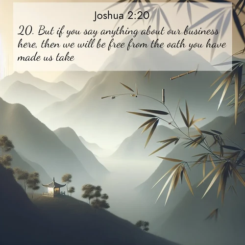 BasicEnglish Joshua  ; image nature: image with the bible verse :But if you say anything about our business here, then we will be free from the oath you have made us take. ; Browse our collection of vibrant Bible verse images set against calming backdrops like tropical shores, quiet woods, and majestic mountains. Download free wallpapers featuring KJV Joshua 2:20. Current verse is overlayed with the thematic nature scene : Bamboo leaves whisper secrets in mountain wind. A temple bell rings in the distance. ; 2:20