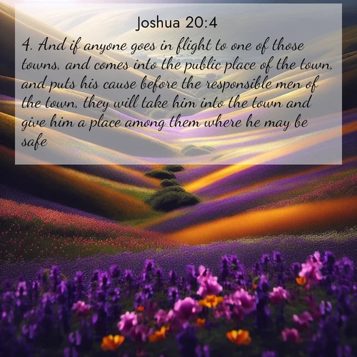 BasicEnglish Joshua  ; image nature: image with the bible verse :And if anyone goes in flight to one of those towns, and comes into the public place of the town, and puts his cause before the responsible men of the town, they will take him into the town and give him a place among them where he may be safe. ; Download high-resolution Bible verse images showcasing the beauty of God&#039;s creation—from radiant sunsets to tranquil rivers. Free for use as wallpapers or sharing verses like KJV Joshua 20:4. Current verse is overlayed with the thematic nature scene : Spring wildflowers carpet rolling hills in purple and gold. ; 20:4