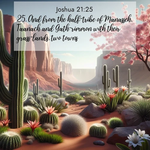 BBE Joshua 21:25 overlaying nature image scene: Desert cacti burst with spring blooms against red sandstone formations.;25. And from the half-tribe of Manasseh, Taanach and Gath-rimmon with their grass-lands, two towns.