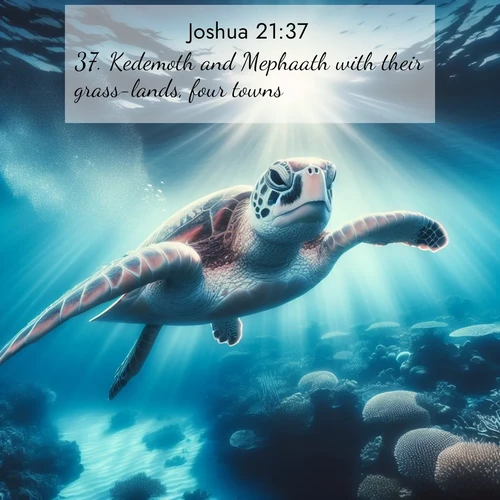 BBE Joshua 21:37 overlaying nature image scene: A sea turtle glides through underwater sunbeams. Coral gardens glow in the depths below.;37. Kedemoth and Mephaath with their grass-lands, four towns.