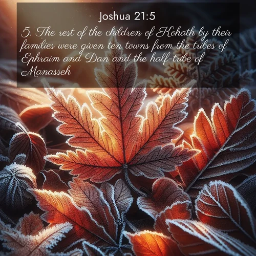 BBE Joshua 21:5 overlaying nature image scene: Autumn frost rims fallen leaves with crystal.;5. The rest of the children of Kohath by their families were given ten towns from the tribes of Ephraim and Dan and the half-tribe of Manasseh.