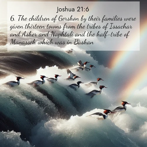 BBE Joshua 21:6 overlaying nature image scene: Wild mergansers ride white water rapids. Spray creates endless rainbows.;6. The children of Gershon by their families were given thirteen towns from the tribes of Issachar and Asher and Naphtali and the half-tribe of Manasseh which was in Bashan.