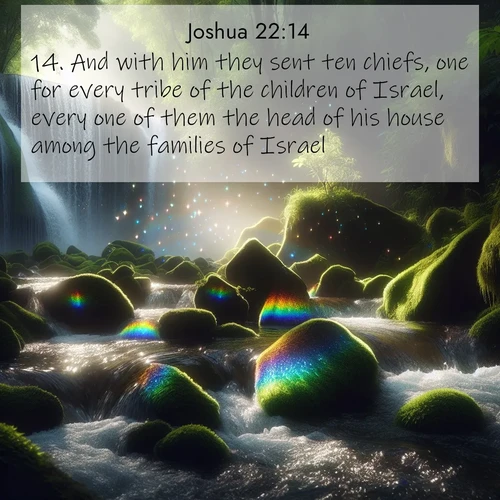 BBE Joshua 22:14 overlaying nature image scene: Rainbow prisms dance in a waterfall's spray. Moss glows emerald in filtered light.;14. And with him they sent ten chiefs, one for every tribe of the children of Israel, every one of them the head of his house among the families of Israel.
