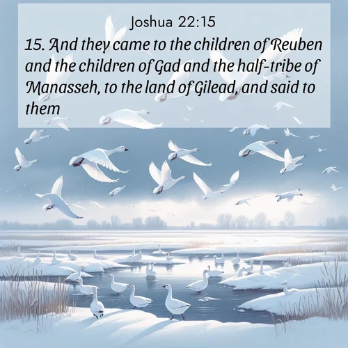 BBE Joshua 22:15 overlaying nature image scene: Snow geese take flight from a winter marsh. Their wings flash white against leaden skies.;15. And they came to the children of Reuben and the children of Gad and the half-tribe of Manasseh, to the land of Gilead, and said to them,