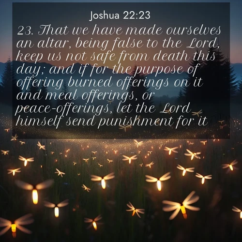 BBE Joshua 22:23 overlaying nature image scene: Lightning bugs rise from summer meadows at dusk. Their lights dance like earthbound stars.;23. That we have made ourselves an altar, being false to the Lord, keep us not safe from death this day; and if for the purpose of offering burned offerings on it and meal offerings, or peace-offerings, let the Lord himself send punishment for it;