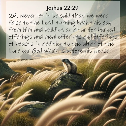BBE Joshua 22:29 overlaying nature image scene: Mountain meadow grasses bend in alpine wind. Marmots whistle warnings from rocky outcrops.;29. Never let it be said that we were false to the Lord, turning back this day from him and building an altar for burned offerings and meal offerings and offerings of beasts, in addition to the altar of the Lord our God which is before his House.