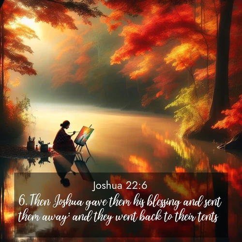 BBE Joshua 22:6 overlaying nature image scene: An artist paints beside still waters. Autumn colors double in reflection.;6. Then Joshua gave them his blessing and sent them away: and they went back to their tents.
