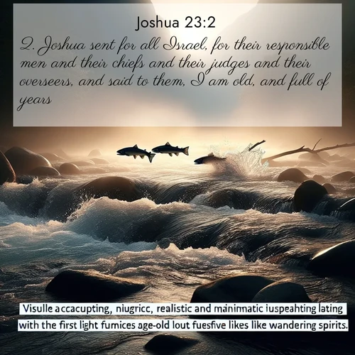 BasicEnglish Joshua  ; image nature: image with the bible verse :Joshua sent for all Israel, for their responsible men and their chiefs and their judges and their overseers, and said to them, I am old, and full of years: ; Explore a unique collection of Bible verses illustrated by winter landscapes, such as snowy mountains, frosty forests, and starry skies. These images capture the peace and beauty of winter. Share verses like KJV Joshua 23:2. Current verse is overlayed with the thematic nature scene : Wild salmon leap ancient rapids. Mist rises like spirits at dawn. ; 23:2