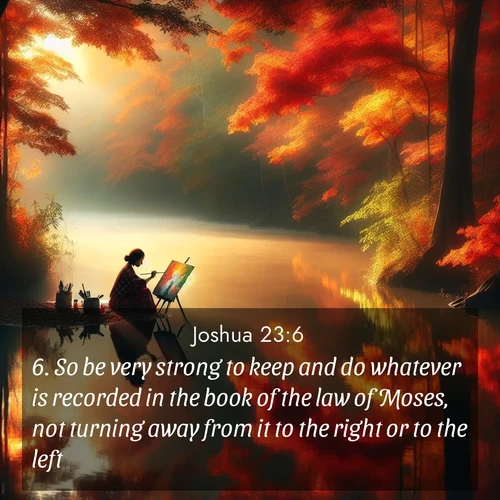BasicEnglish Joshua  ; image nature: image with the bible verse :So be very strong to keep and do whatever is recorded in the book of the law of Moses, not turning away from it to the right or to the left; ; Download stunning Bible verse images paired with nature scenes like rolling clouds, sparkling waters, and vibrant flower fields. These free images are perfect for spiritual reflection or wallpaper use. Share KJV Joshua 23:6. Current verse is overlayed with the thematic nature scene : An artist paints beside still waters. Autumn colors double in reflection. ; 23:6