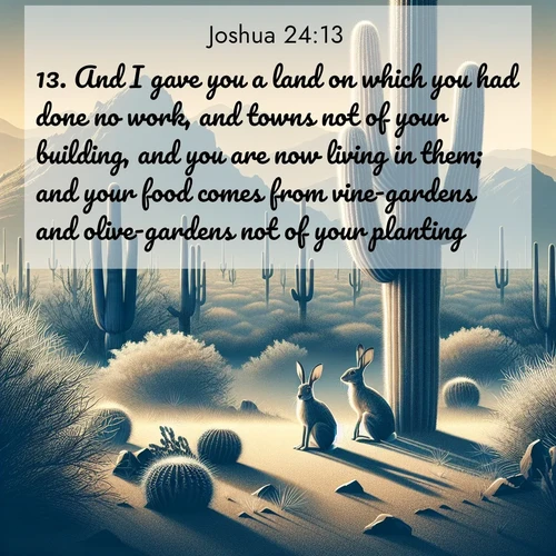 BasicEnglish Joshua  ; image nature: image with the bible verse :And I gave you a land on which you had done no work, and towns not of your building, and you are now living in them; and your food comes from vine-gardens and olive-gardens not of your planting. ; Download Bible verse images paired with breathtaking nature photos like golden deserts, shimmering seas, and blossoming orchards. These high-quality, free images are perfect for wallpapers or sharing. Verses include KJV Joshua 24:13. Current verse is overlayed with the thematic nature scene : Desert jackrabbits pause in saguaro shade. Heat waves distort distant peaks. ; 24:13