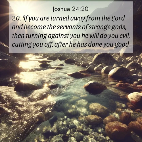 BasicEnglish Joshua  ; image nature: image with the bible verse :If you are turned away from the Lord and become the servants of strange gods, then turning against you he will do you evil, cutting you off, after he has done you good. ; Admire our autumnal collection of Bible verse images accompanied by photos of paths lined with red and yellow leaves, fiery forests, and calm rivers. These images inspire reflection and serenity. Share verses like KJV Joshua 24:20. Current verse is overlayed with the thematic nature scene : Mountain streams sing ancient songs. Sunlight dances through clear pools. ; 24:20