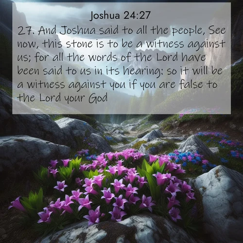 BasicEnglish Joshua  ; image nature: image with the bible verse :And Joshua said to all the people, See now, this stone is to be a witness against us; for all the words of the Lord have been said to us in its hearing: so it will be a witness against you if you are false to the Lord your God. ; Browse our library of beautiful Bible verse images, perfect for wallpapers or sharing. Each verse is paired with serene natural landscapes like misty mountains, calming beaches, and colorful sunsets. Download and enjoy verses such as KJV Joshua 24:27. Current verse is overlayed with the thematic nature scene : Alpine gentians bloom in rocky crevices. Summer storms gather above treeline. ; 24:27