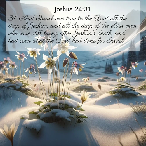 BasicEnglish Joshua  ; image nature: image with the bible verse :And Israel was true to the Lord all the days of Joshua, and all the days of the older men who were still living after Joshua&#039;s death, and had seen what the Lord had done for Israel. ; Discover beautiful Bible verse images enriched with natural landscapes, from serene beaches to cascading waterfalls. All images are free and ready to download. Share verses such as KJV Joshua 24:31. Current verse is overlayed with the thematic nature scene : Wild columbines nod in alpine breeze. Glacier lilies dot snowy meadows. ; 24:31