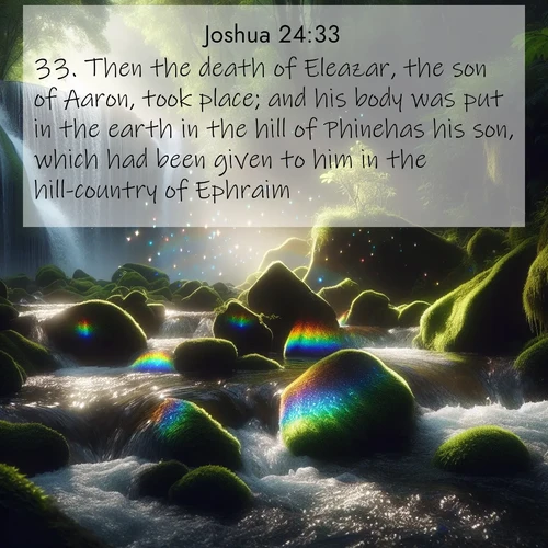 BasicEnglish Joshua  ; image nature: image with the bible verse :Then the death of Eleazar, the son of Aaron, took place; and his body was put in the earth in the hill of Phinehas his son, which had been given to him in the hill-country of Ephraim. ; Browse our library of beautiful Bible verse images, perfect for wallpapers or sharing. Each verse is paired with serene natural landscapes like misty mountains, calming beaches, and colorful sunsets. Download and enjoy verses such as KJV Joshua 24:33. Current verse is overlayed with the thematic nature scene : Rainbow prisms dance in a waterfall&#039;s spray. Moss glows emerald in filtered light. ; 24:33