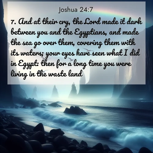 BasicEnglish Joshua  ; image nature: image with the bible verse :And at their cry, the Lord made it dark between you and the Egyptians, and made the sea go over them, covering them with its waters; your eyes have seen what I did in Egypt: then for a long time you were living in the waste land. ; Explore a unique collection of Bible verses illustrated by winter landscapes, such as snowy mountains, frosty forests, and starry skies. These images capture the peace and beauty of winter. Share verses like KJV Joshua 24:7. Current verse is overlayed with the thematic nature scene : Ocean waves crash against volcanic cliffs as seabirds wheel overhead, creating momentary rainbows. ; 24:7