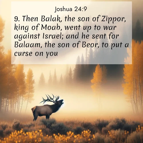 BasicEnglish Joshua  ; image nature: image with the bible verse :Then Balak, the son of Zippor, king of Moab, went up to war against Israel; and he sent for Balaam, the son of Beor, to put a curse on you: ; Admire Bible images evoking autumn, with warm colors of fallen leaves, harvested fields, and tranquil woods. These inspiring landscapes reflect the transition and beauty of God&#039;s creation. Download verses like KJV Joshua 24:9. Current verse is overlayed with the thematic nature scene : A bull elk bugles across a misty valley. Aspen leaves quake golden in response. ; 24:9