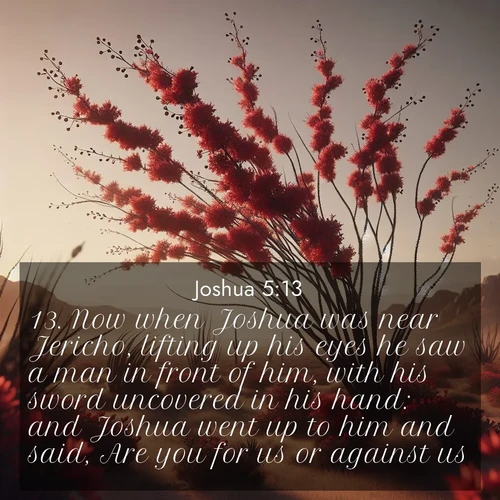 BasicEnglish Joshua  ; image nature: image with the bible verse :Now when Joshua was near Jericho, lifting up his eyes he saw a man in front of him, with his sword uncovered in his hand: and Joshua went up to him and said, Are you for us or against us? ; Discover tranquil Bible verse images enhanced with natural scenery like rippling brooks, snow-covered fields, and sunlit beaches. These free images are perfect for wallpapers or spiritual reflection. Share KJV Joshua 5:13. Current verse is overlayed with the thematic nature scene : Desert ocotillo flames crimson red. Wind sings through thorny branches. ; 5:13