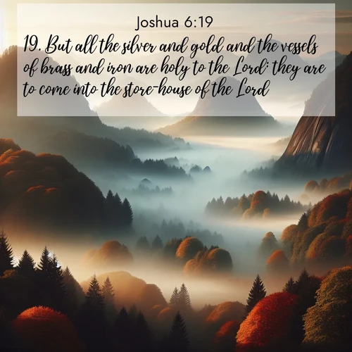 BasicEnglish Joshua  ; image nature: image with the bible verse :But all the silver and gold and the vessels of brass and iron are holy to the Lord: they are to come into the store-house of the Lord. ; Admire Bible verse images illustrated by summer photos, such as sunny beaches, sparkling waves, and swaying palm trees. These bright scenes highlight the joy and warmth of God&#039;s creation. Download and share verses like KJV Joshua 6:19. Current verse is overlayed with the thematic nature scene : Autumn fog rolls through valleys between ancient rounded mountains. ; 6:19
