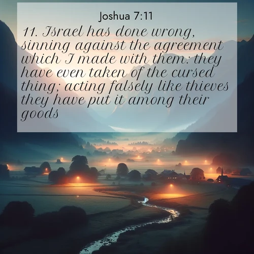 BasicEnglish Joshua  ; image nature: image with the bible verse :Israel has done wrong, sinning against the agreement which I made with them: they have even taken of the cursed thing; acting falsely like thieves they have put it among their goods. ; Download Bible verse images featuring vibrant photos of nature, from snowy landscapes to golden deserts. These free images are perfect for phone wallpapers, desktop backgrounds, or sharing. Verses include KJV Joshua 7:11. Current verse is overlayed with the thematic nature scene : Morning mist rises from valley streams. Birdsong heralds the dawn chorus. ; 7:11